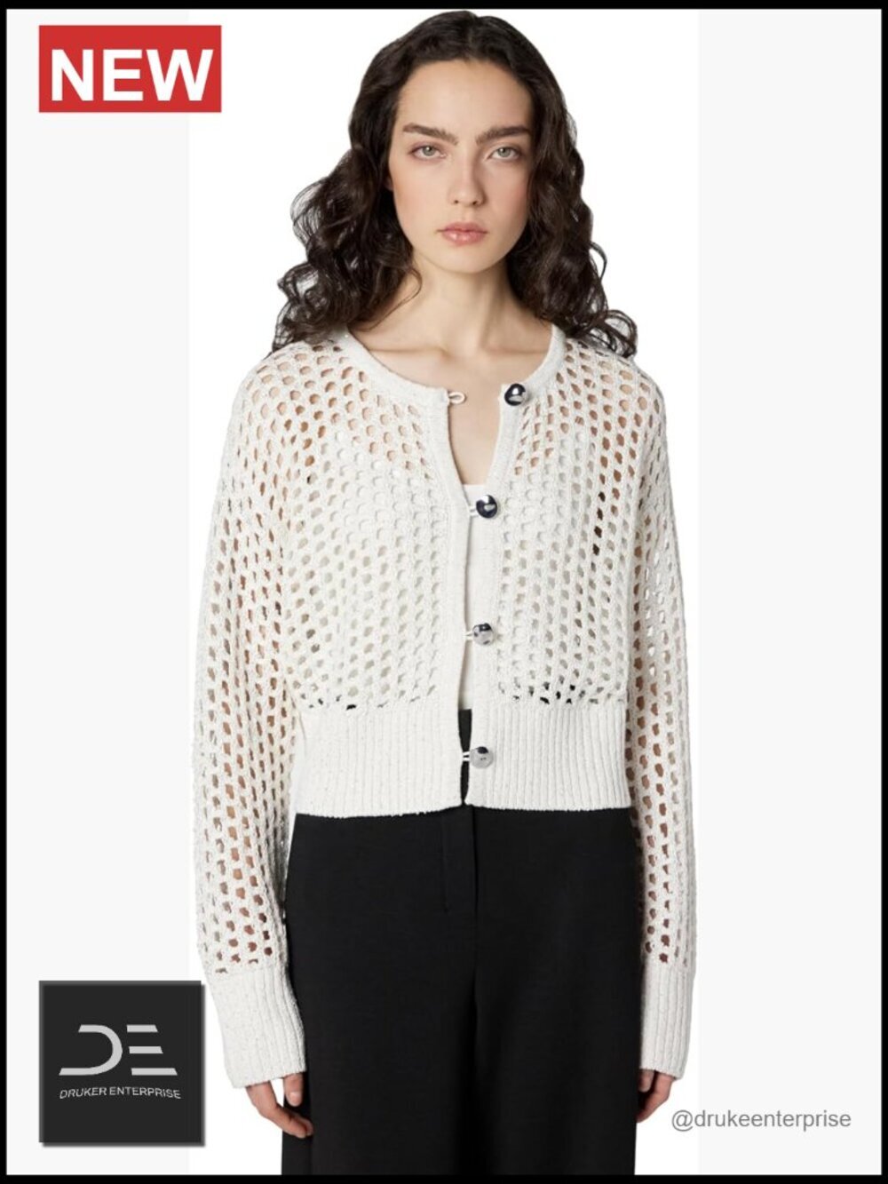 Open Knit Crochet Sequin Cardigan with Button Front
